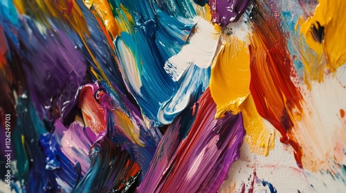 Vibrant strokes: A close-up view of energetic paint strokes, exhibiting a diverse palette of lively colors and textured surfaces.