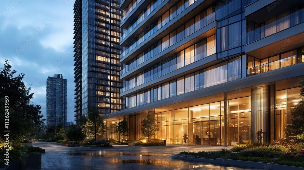 Sleek Modern Architecture Featuring Glass Windows at Dusk Sleek Modern Architecture Featuring Glass Windows at Dusk