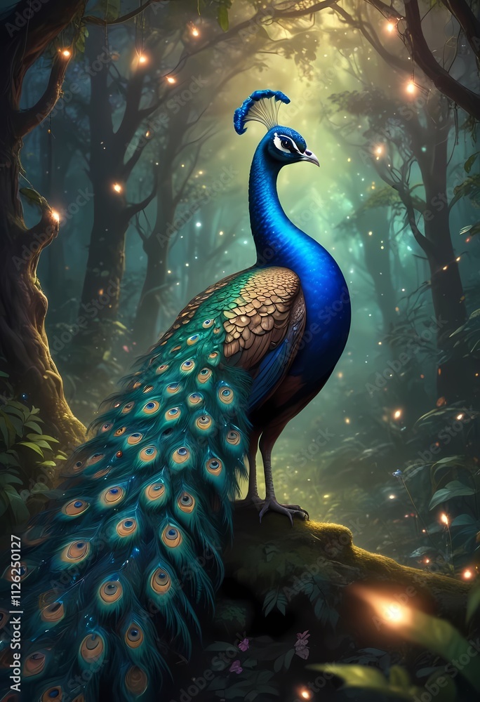 Fototapeta premium A vibrant blue peacock perched on a tree branch surrounded by blossoms