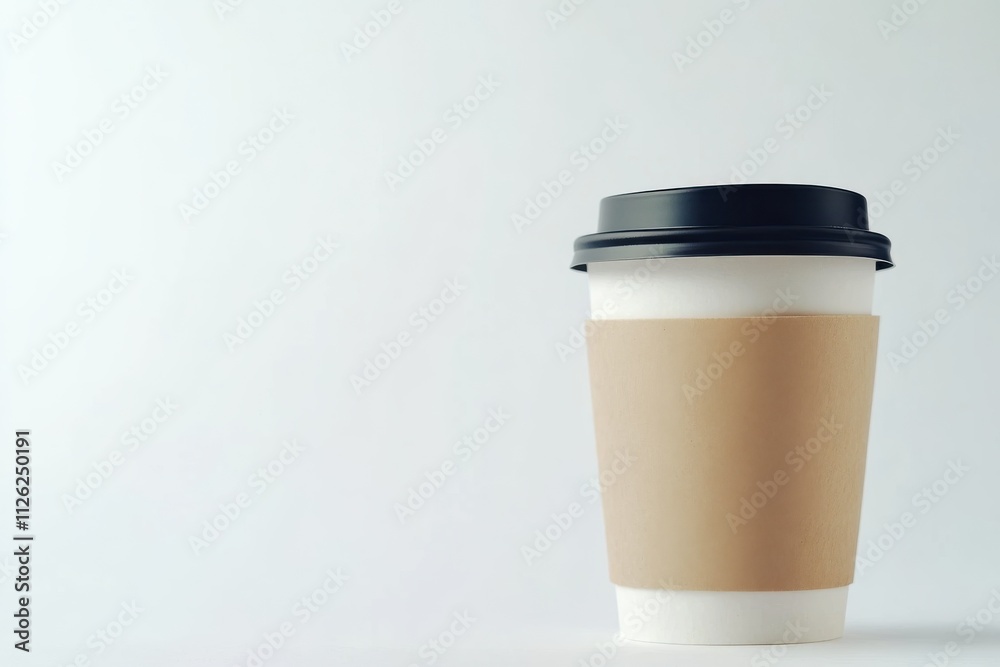 A simple disposable coffee cup with a brown paper sleeve and a black plastic lid A simple disposable coffee cup with a brown paper sleeve and a black plastic lid