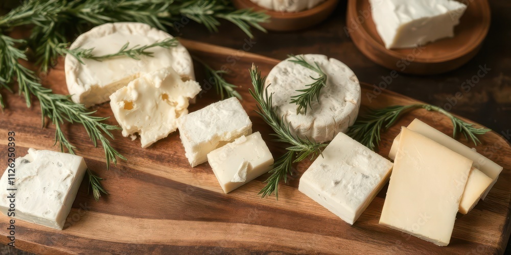 A rustic wooden cheese platter featuring a selection of cheeses garnished with fresh rosemary sprigs, accompanied by a silver fork, gourmet A rustic wooden cheese platter featuring a selection of cheeses garnished with fresh rosemary sprigs, accompanied by a silver fork, gourmet