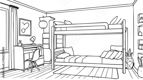 Children's room. Children's furniture. Bunk bed, table and two chairs. Sketch