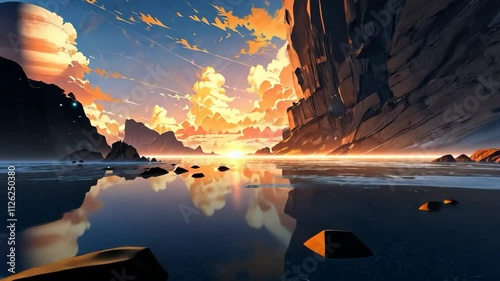 Video footage of stunning sunset over a serene lake, with rocky cliffs on either side and a planet with rings visible in the sky, creating a surreal and otherworldly landscape