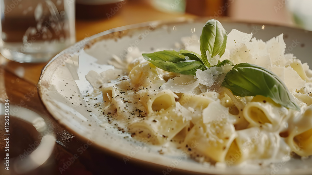 Creamy Pasta Dish with Basil and Parmesan - Food Photography