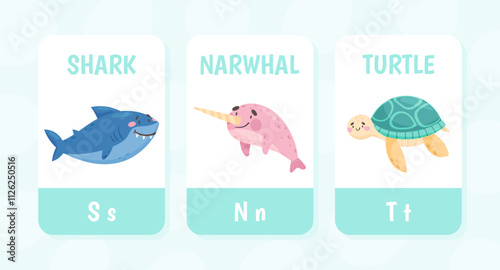 Flashcard with Sea Animal and Marine Underwater Swimming Creature Vector Template