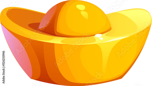 Gold ingot Chinese lunar new year symbol of abundance, wealth, prosperity, good fortune in east Asian culture. Isolated cartoon vector traditional shiny piece of gold with polished and radiant finish