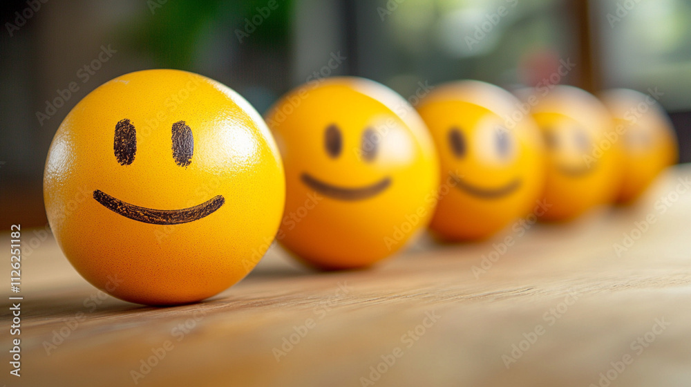 Cheerful Yellow Smiley Balls Aligned on a Wooden Table with Soft Focus Background, Representing Happiness and Positivity in a Playful Setting Cheerful Yellow Smiley Balls Aligned on a Wooden Table with Soft Focus Background, Representing Happiness and Positivity in a Playful Setting