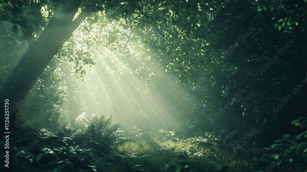 A serene forest scene with sunlight streaming through lush green leaves. A serene forest scene with sunlight streaming through lush green leaves.