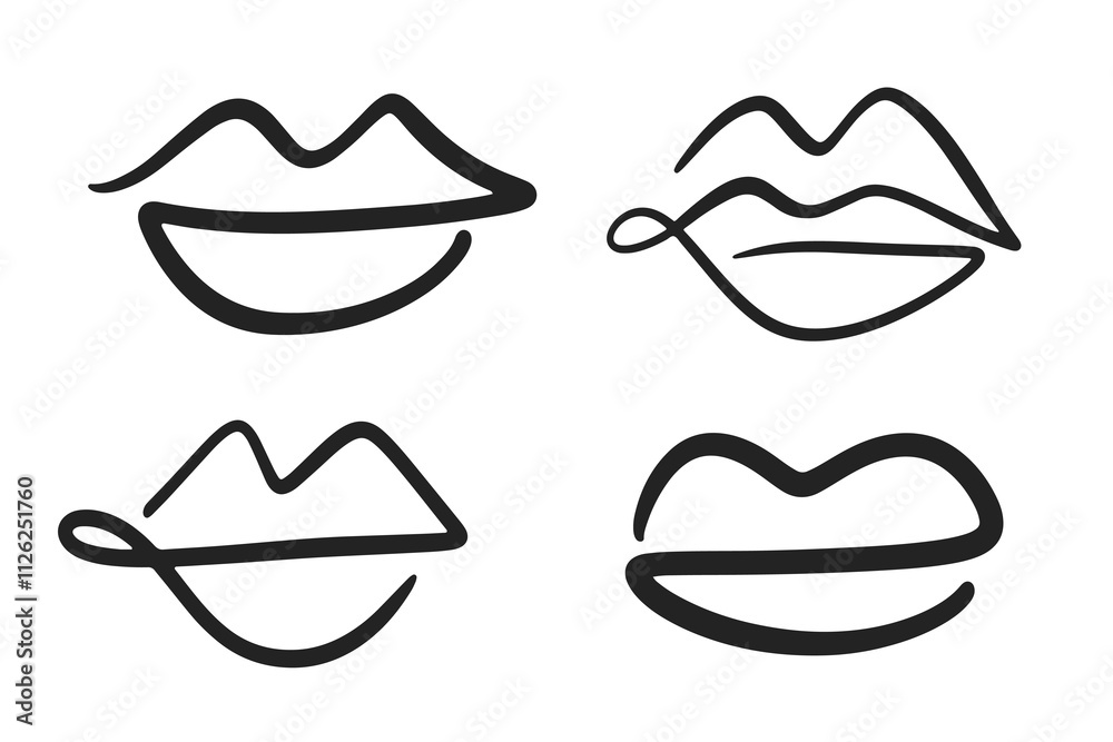 Lips Mouth One Line Drawing Abstract Kiss Icon Set Lips Mouth One Line Drawing Abstract Kiss Icon Set