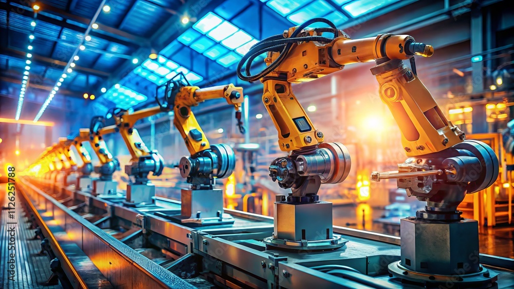 Industrial Robot Assembly Line Bokeh, Blurred Background, Robotic Workers, Manufacturing Automation, Factory Scene, Futuristic Technology Industrial Robot Assembly Line Bokeh, Blurred Background, Robotic Workers, Manufacturing Automation, Factory Scene, Futuristic Technology