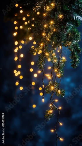 Glowing hristmas string lights garland creating a festive atmosphere on dark blue background. Vectical format photo