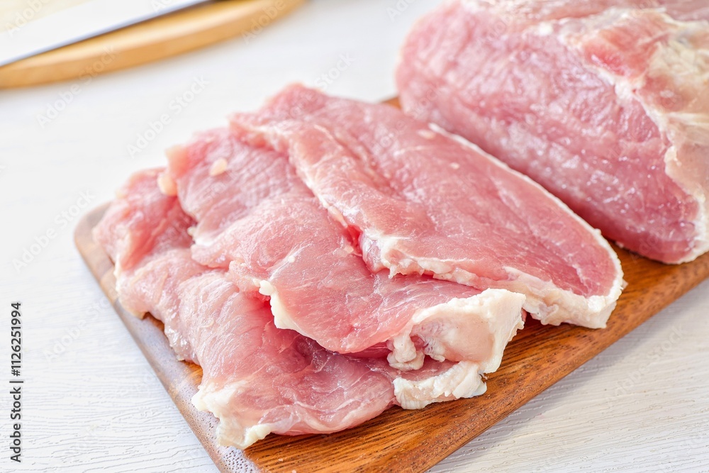 Sliced pork in cutting board on a white background, Sliced pork in cutting board on a white background,