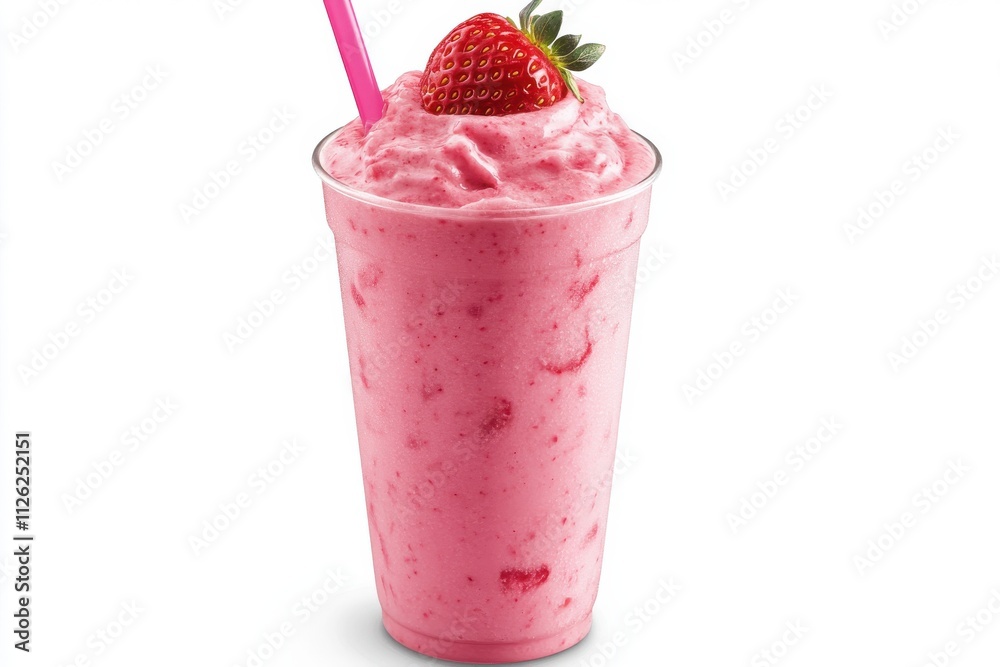 A tall clear glass filled with creamy pink strawberry smoothie A tall clear glass filled with creamy pink strawberry smoothie