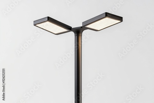 A tall modern street lamp with a sleek black pole and two rectangular LED light fixtures at the top photo