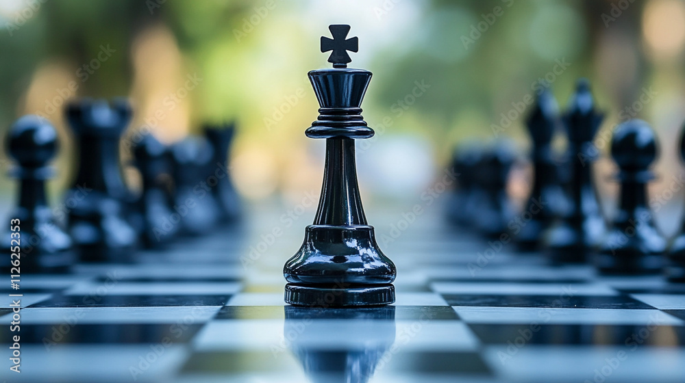 Black king chess piece stands prominently on a checkered board with blurred background, symbolizing strategy, focus, and tactical competition in a game setting Black king chess piece stands prominently on a checkered board with blurred background, symbolizing strategy, focus, and tactical competition in a game setting