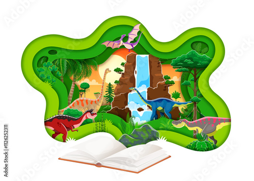 Opened book with prehistoric dinosaurs vector paper cut banner with jurassic forest and waterfall nature landscape background. Cartoon prehistoric dino animal characters in 3d paper cut wavy frame