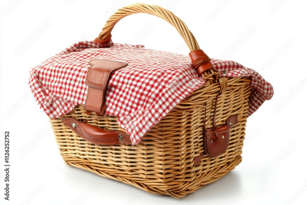 A traditional wicker picnic basket with a sturdy handle and leather fastenings