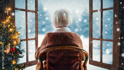 Generated image Back view of lonely old woman sitting by her selves at nursing home, Christmas time.