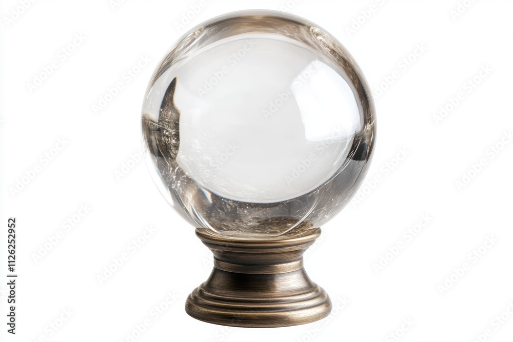 A transparent crystal ball with a reflective surface resting on a small bronze stand A transparent crystal ball with a reflective surface resting on a small bronze stand