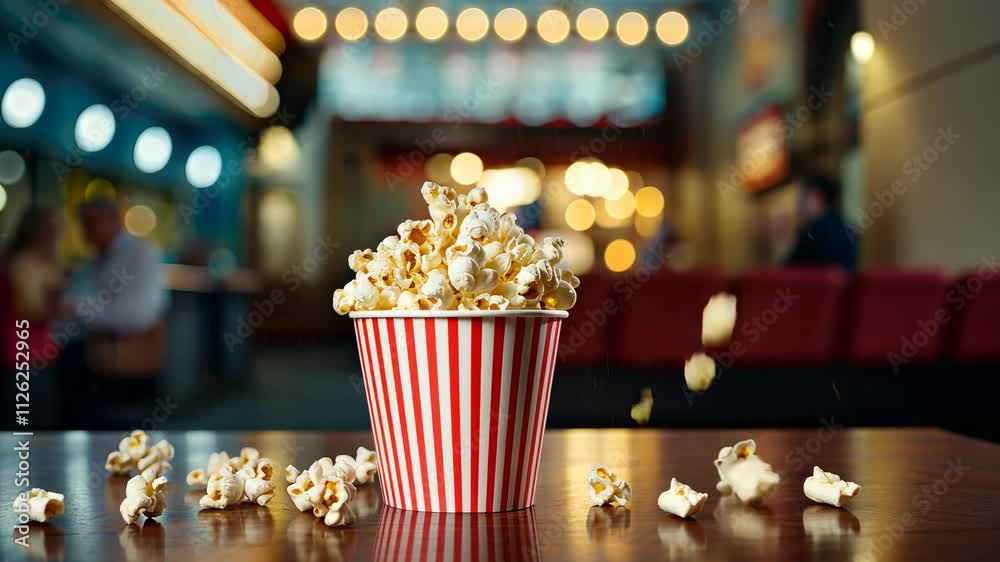  video of striped red and white bucket of popcorn on background of cinema, movie theater, food, snack, entertainment, corn