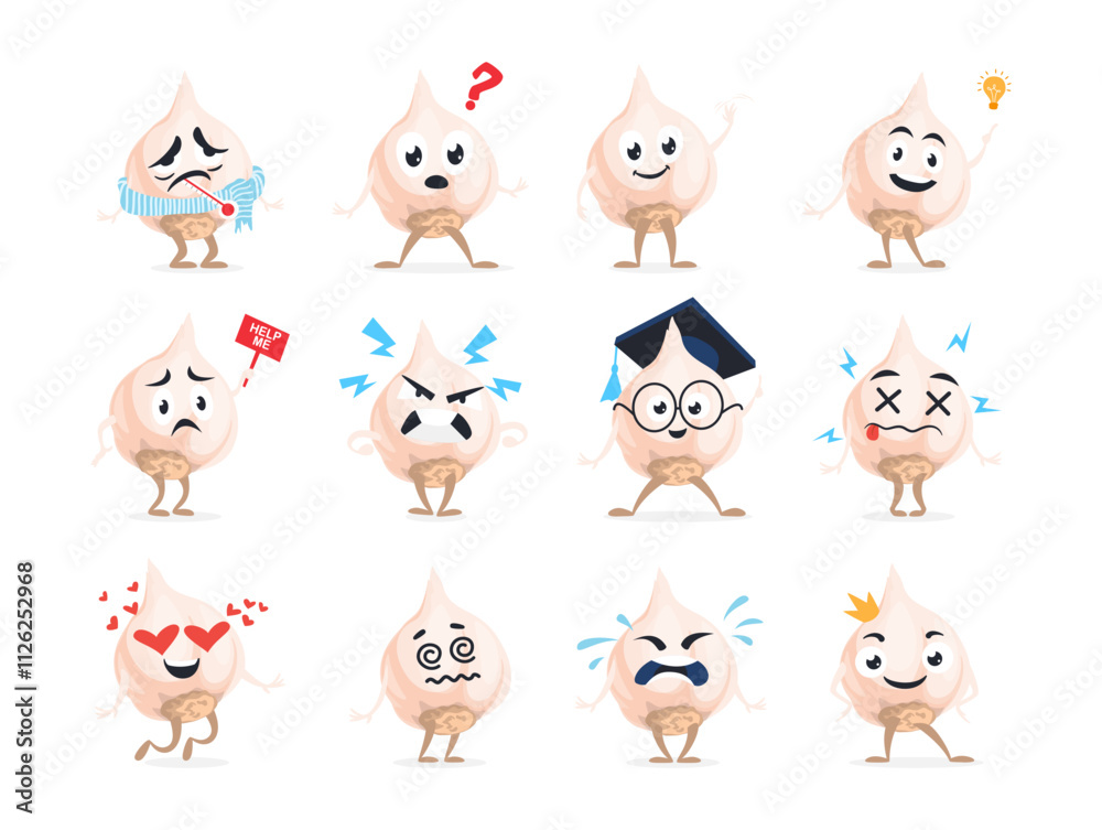 Fototapeta premium Fun garlic cartoon character expressing various emotions through creative poses and gestures