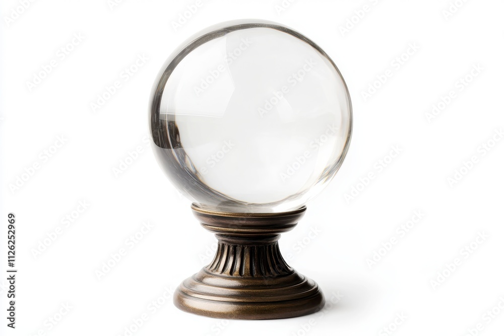 A transparent crystal ball with a reflective surface resting on a small bronze stand A transparent crystal ball with a reflective surface resting on a small bronze stand