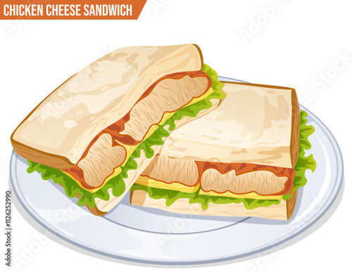 Chicken Cheese Sandwich Cut In Halves on Plate. Appetizing Anime Food Art