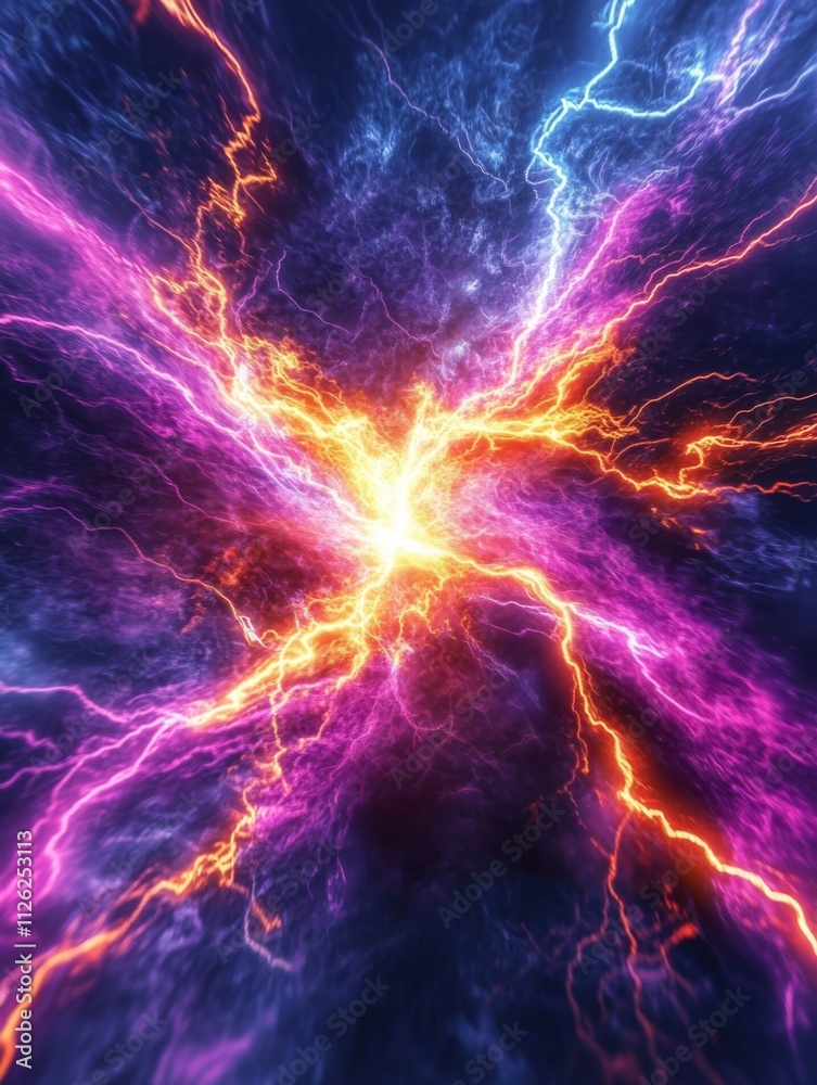 Obraz premium Energetic Burst of Lightning in Dark Blue with Vibrant Orange and Yellow Bolts on Ethereal Background.