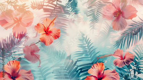 Delicate pattern showcasing vibrant tropical ferns intertwined with hibiscus flowers in a serene setting