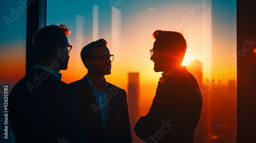 Silhouetted Businessmen Conversing During Sunset