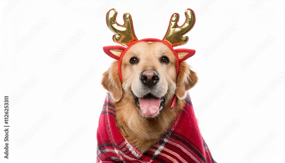 Generated image Golden retriever dog wearing reindeer antlers and wrapped in a Christmas blanket smiles Generated image Golden retriever dog wearing reindeer antlers and wrapped in a Christmas blanket smiles
