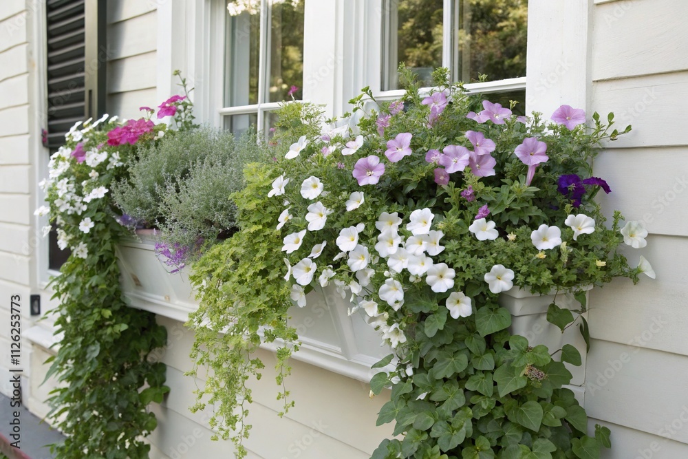 Fototapeta premium A window box planter filled with a vibrant climbing plant in shades of white and pastel colors, spilling over the edges, balcony furniture, climbing plant, flower arrangement, trellis design