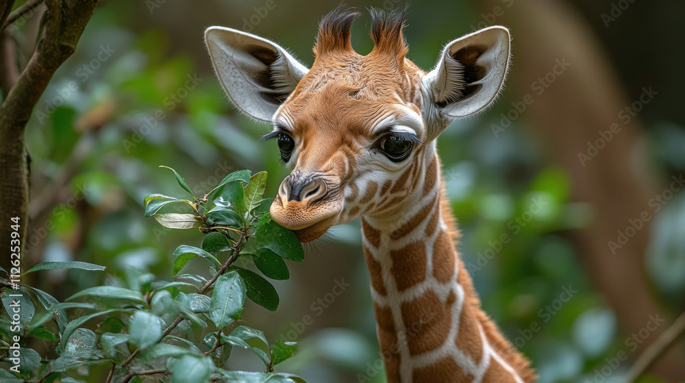 Obraz premium A baby giraffe curiously reaching for leaves on a low-hanging tree branch