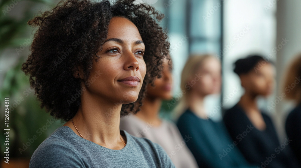 Thoughtful Woman with Curly Hair in Focus Surrounded by Group of Women Attending a Workshop or Seminar in Modern Indoor Setting Thoughtful Woman with Curly Hair in Focus Surrounded by Group of Women Attending a Workshop or Seminar in Modern Indoor Setting