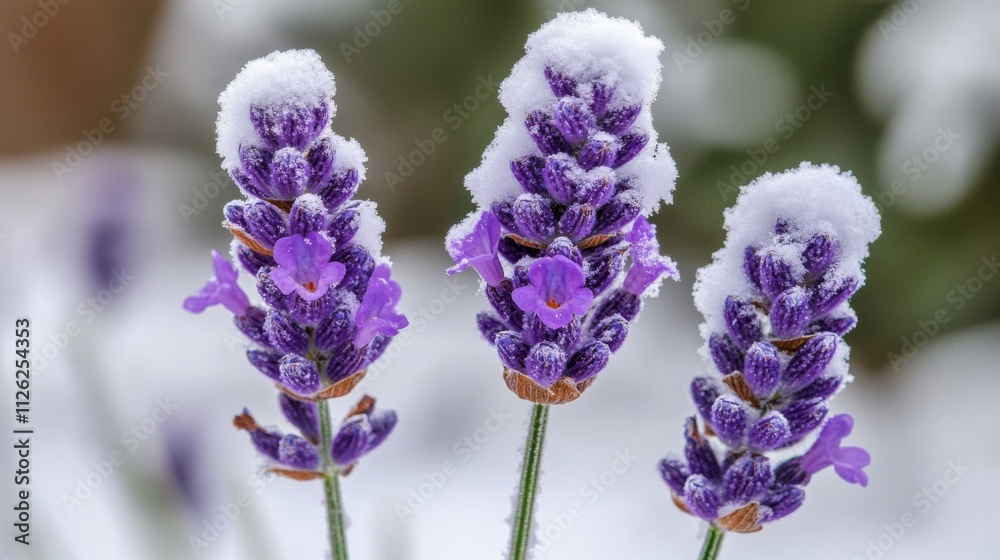 Obraz premium Snow Covered Lavender Flowers Winter Scene