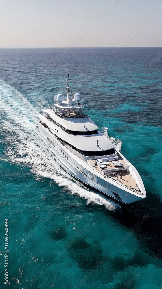 Fototapeta premium Luxury Yacht on the Open Sea: A pristine luxury yacht cutting through the turquoise waters, leaving a trail of white wake, showcasing the epitome of opulence and maritime travel.