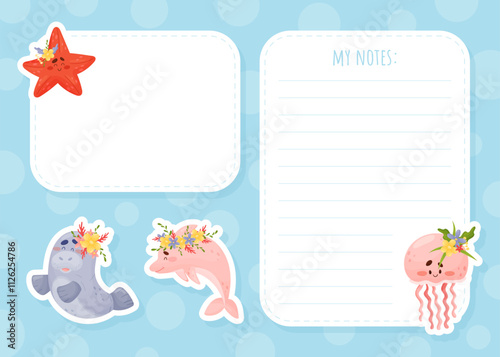 Note Card with Sea Animal with Flowers Vector Template