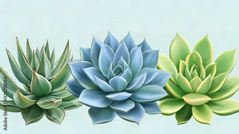 Three Succulents Against a Pale Blue Background Three Succulents Against a Pale Blue Background