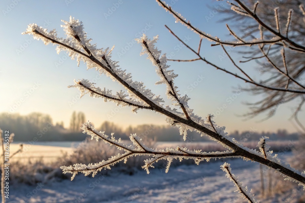 Close-up shot of ice crystals forming on a bare winter branch in the cold morning sun, crystalline structure, natural science, ice formation Close-up shot of ice crystals forming on a bare winter branch in the cold morning sun, crystalline structure, natural science, ice formation