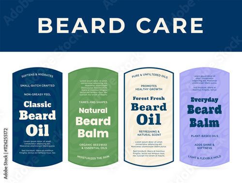 Labels for beard care products, including classic beard oil and various balms designed to soften and moisturize the beard.