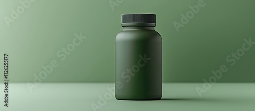 High-res shot of a matte green supplement bottle mockup, captured on a green background with no cap.