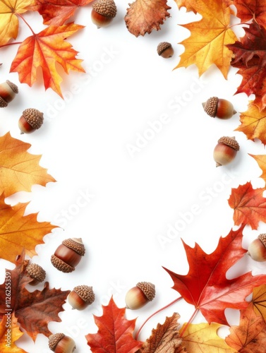 Aesthetic autumn flat lay with red, orange, and yellow leaves in circular frame, scattered acorns on white background.