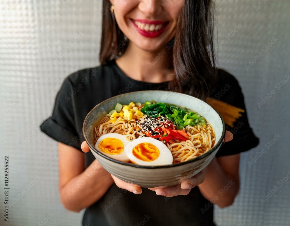 Generated image Woman is smiling while holding a bowl of delicious ramen with vegetables, egg, Generated image Woman is smiling while holding a bowl of delicious ramen with vegetables, egg,
