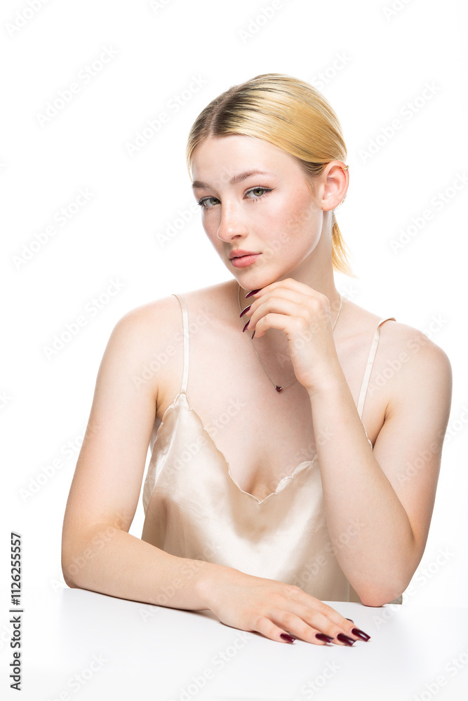 Obraz premium A young blonde girl with freckles in a golden top. Beauty portrait of a woman on a white background in the studio.