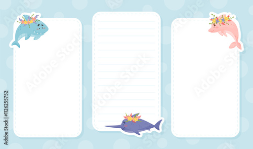 Note Card with Sea Animal with Flowers Vector Template