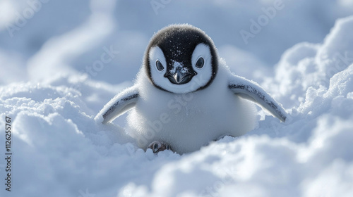 A baby penguin sliding on its belly across a snowy slope under the Arctic sun photo