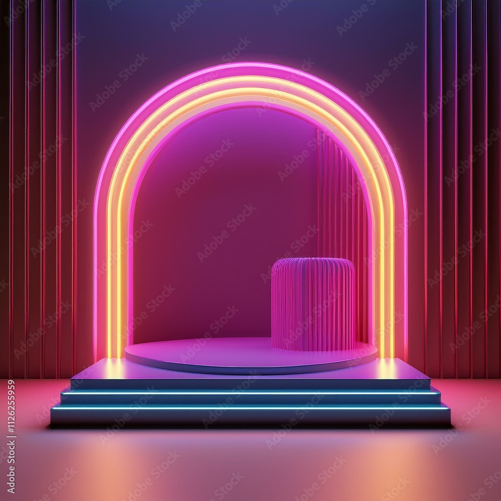 Generated image Abstract minimal scene with geometrical forms, podium, arch and neon light