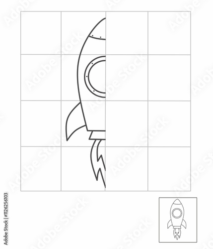  symmetry drawing for kids, draw the other half side rocket activity for kindergarten, complete picture worksheet, Symmetry worksheet