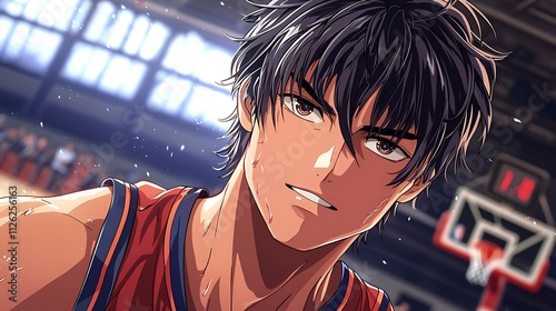 Determined Anime Basketball Player Portrait Close-up of a Sweaty, Focused Young Man in a Basketball Jersey.
