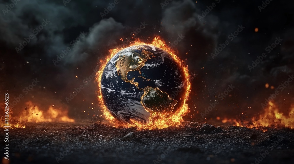 Earth engulfed in flames with bright orange and yellow colors, conveying a sense of destruction and chaos. Earth engulfed in flames with bright orange and yellow colors, conveying a sense of destruction and chaos.